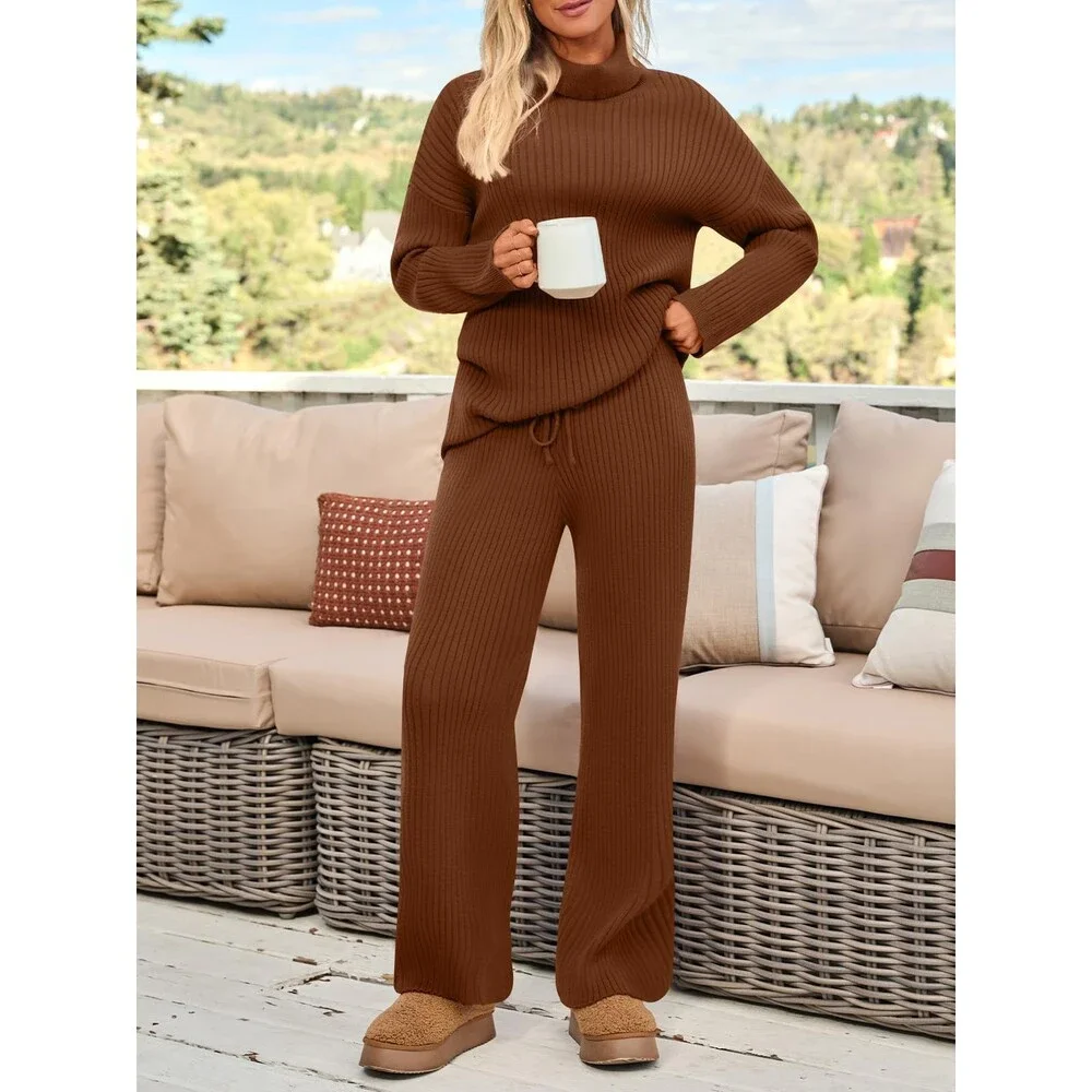 LILLUSORY Women's Brown 2 Two Piece Outfits Winter Clothes Turleneck Sweater S
